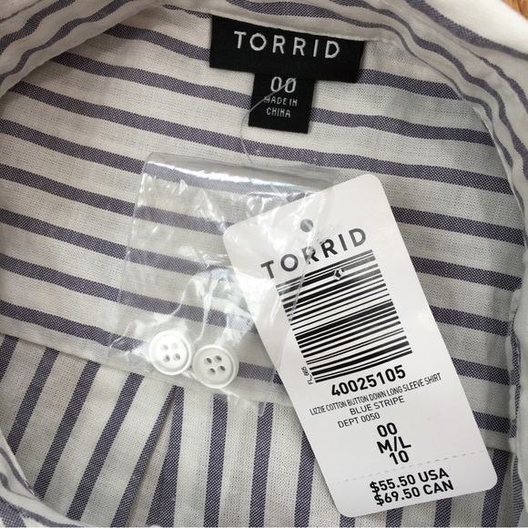 Torrid Lizzie blue white Striped Cotton Button Down Long Sleeve Shirt Plus 00 - Picture 7 of 16